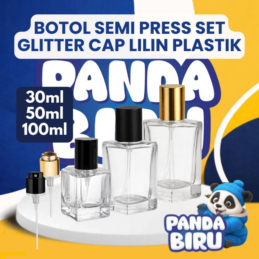 Botol Parfum Semi Press Set Glitter Trans Cap Lilin Plastik 30ml 50ml 100ml Botol Parfume Panda Biru