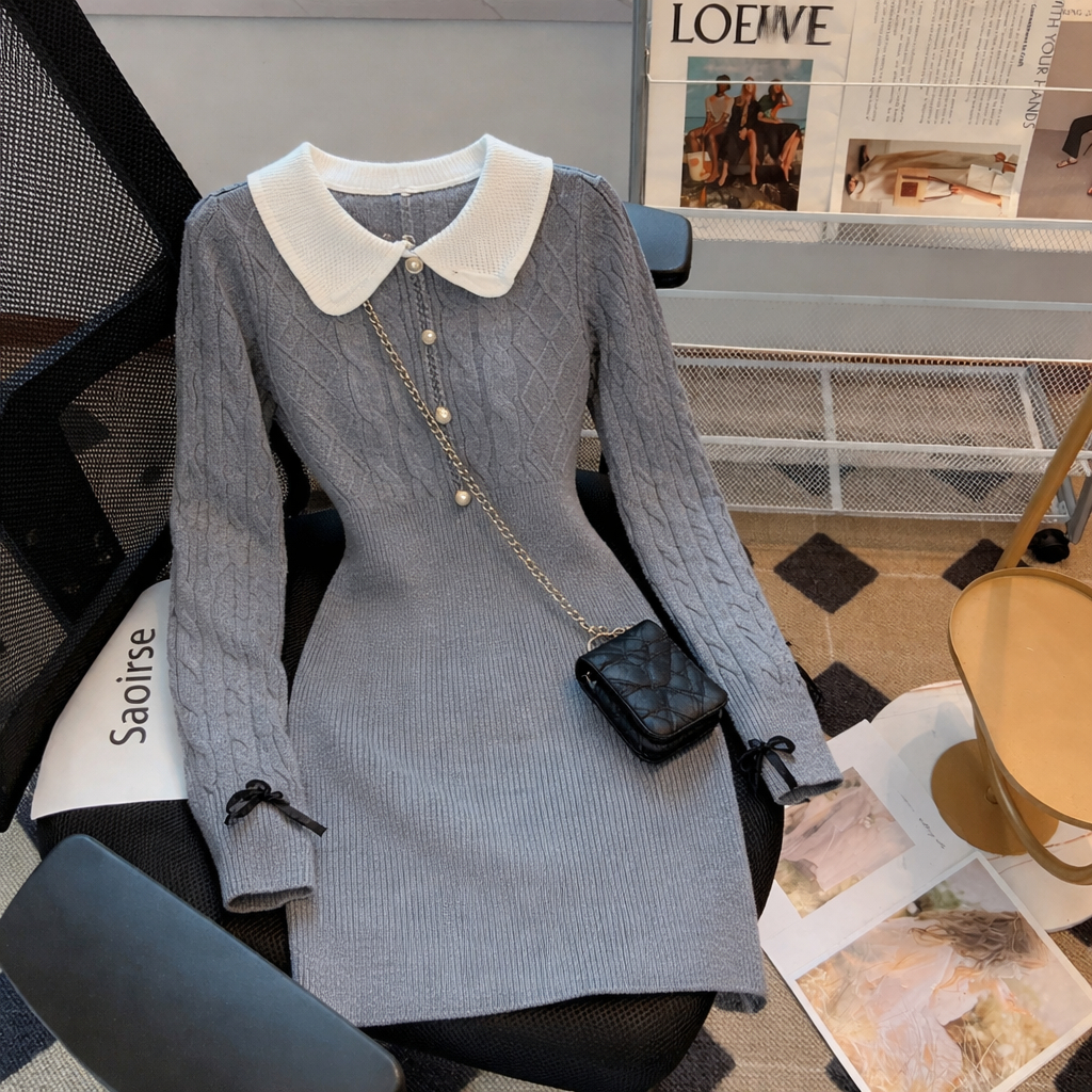 [Hallyu]  Dress Rajut Woll Variasi Kancing Lengan Panjang | Long Dress Knit Tebal Premium | Dress Wa