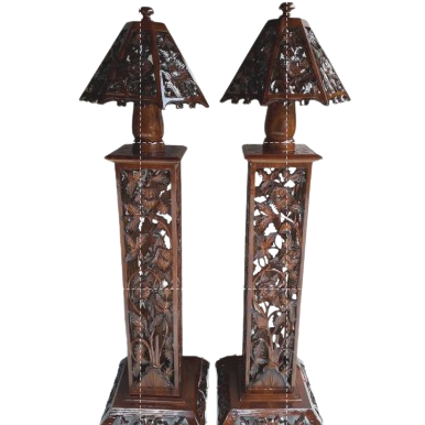 Lampu Tegak Kayu Jati Motif Mawar Tinggi 150cm Lampu Hias Lantai Standing Lamp Estetik Mewah