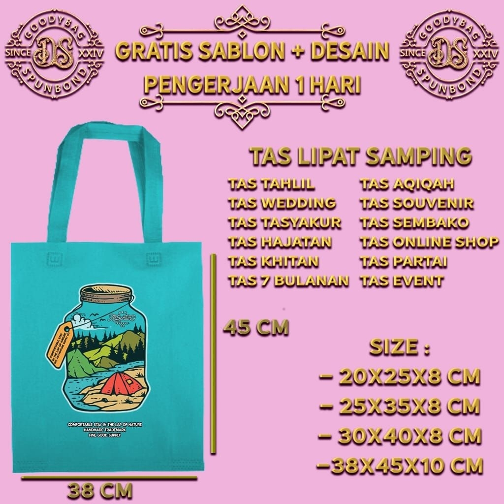 38x45x10 / tas spunbond custom / tas sablon / tas spunbond / godiebag / totebag / tas hajatan  / tas