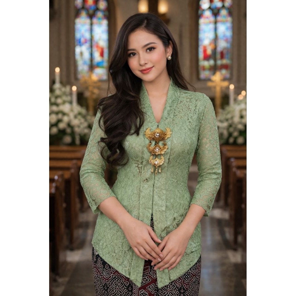 KEBAYA KARTINI MODERN BROKAT SEMI PRANCIS LAPIS FULL FURING KANCING KATUN DEPAN LENGAN 7/8