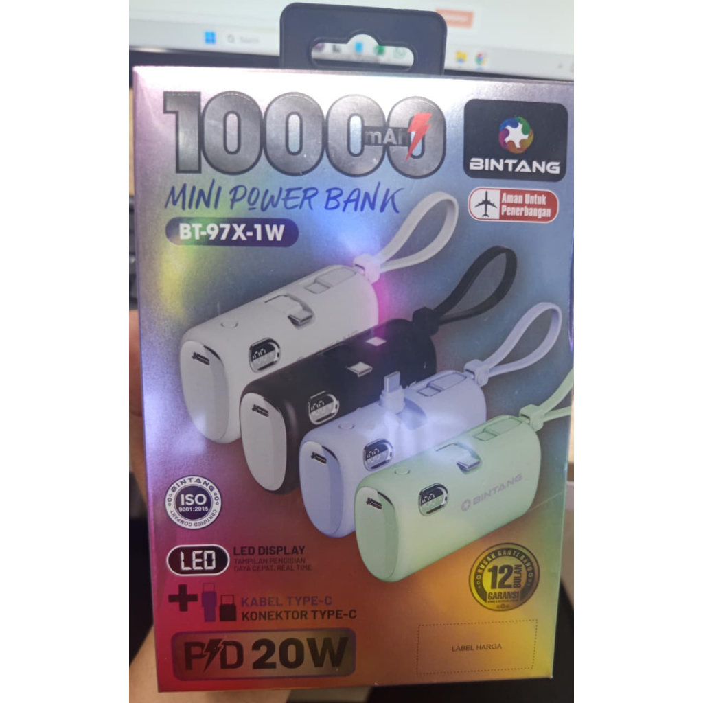 [FXBPAAAB2W97X1] POWERBANK PORT TYPE C + KABEL TYPE C+ KONEKTOR TYPE C 10000 MAH BINTANG 20W BT-97X-