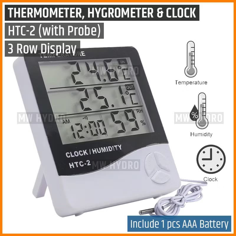 HTC-2 Digital Hygrometer Thermometer - Ukur Suhu & Kelembapan, Tampilan Waktu, Memori MAX/MIN
