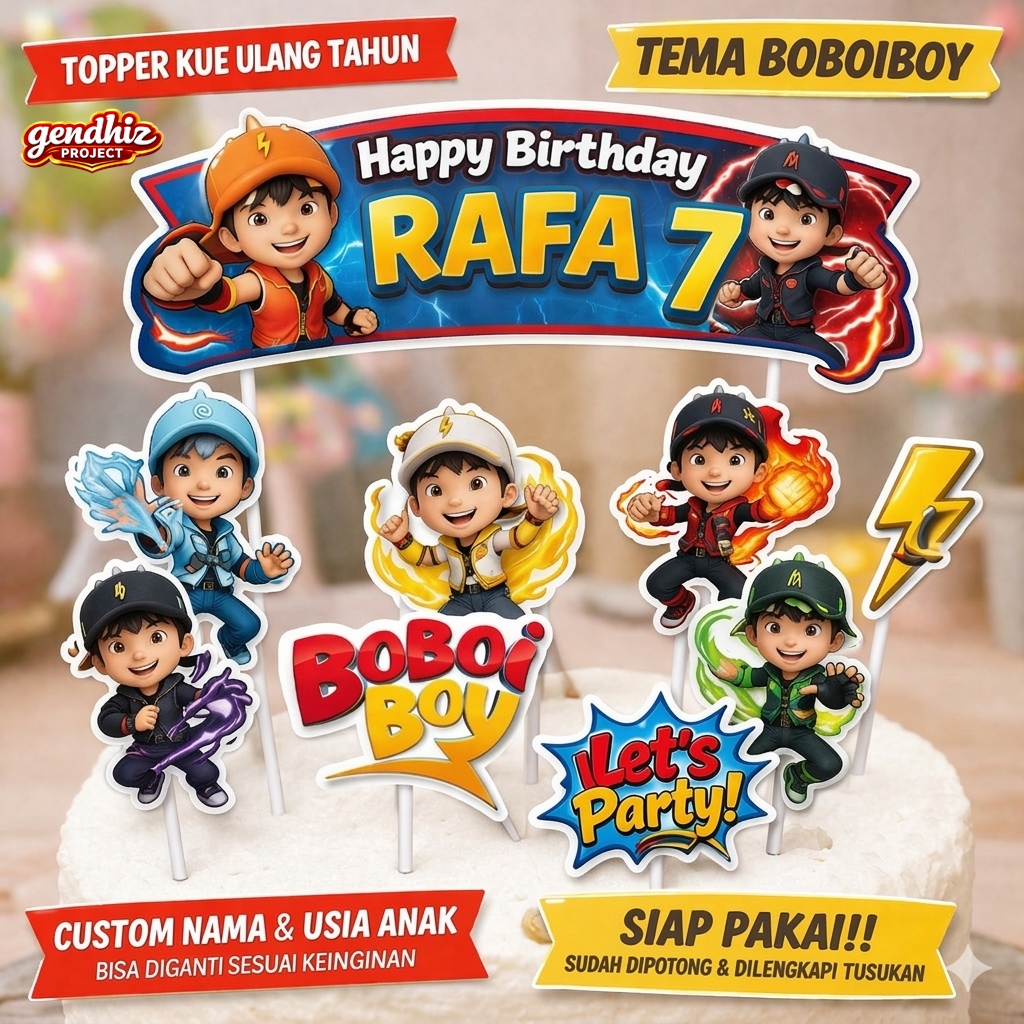 Topper Cake Boboiboy Custom Nama Umur Anak | Hiasan Kue Ulang Tahun Tema Boboiboy | Cake Topper Ulta