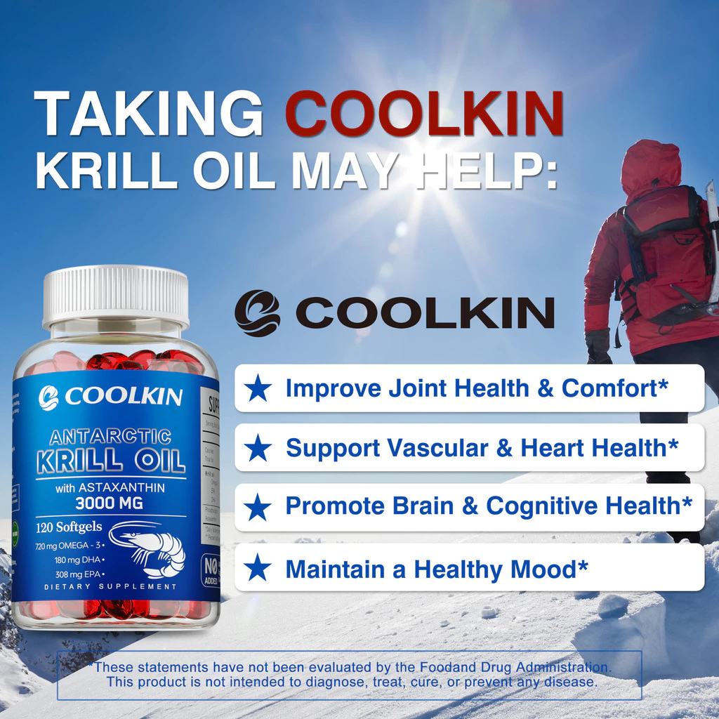 COOLKIN Omega 3 Krill Oil + 200 mcg Astaxanthin in Non - Vegetarian Capsules: 120 Capsules Options 3