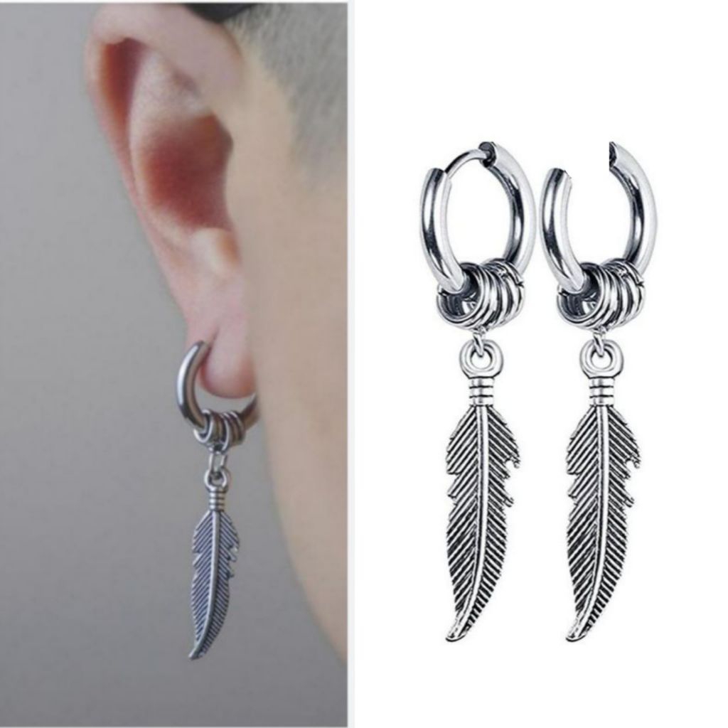 Anting hoops liontin ring daun / Anting Tindik dan Jepit / Anting Pria Korea / Anting Titanium anti 