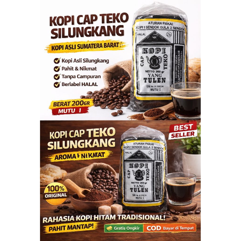 Kopi Cap Teko Silungkang Asli 200gr | Kopi Bubuk Hitam Tradisional Sumatera Barat | Kopi Tubruk Khas