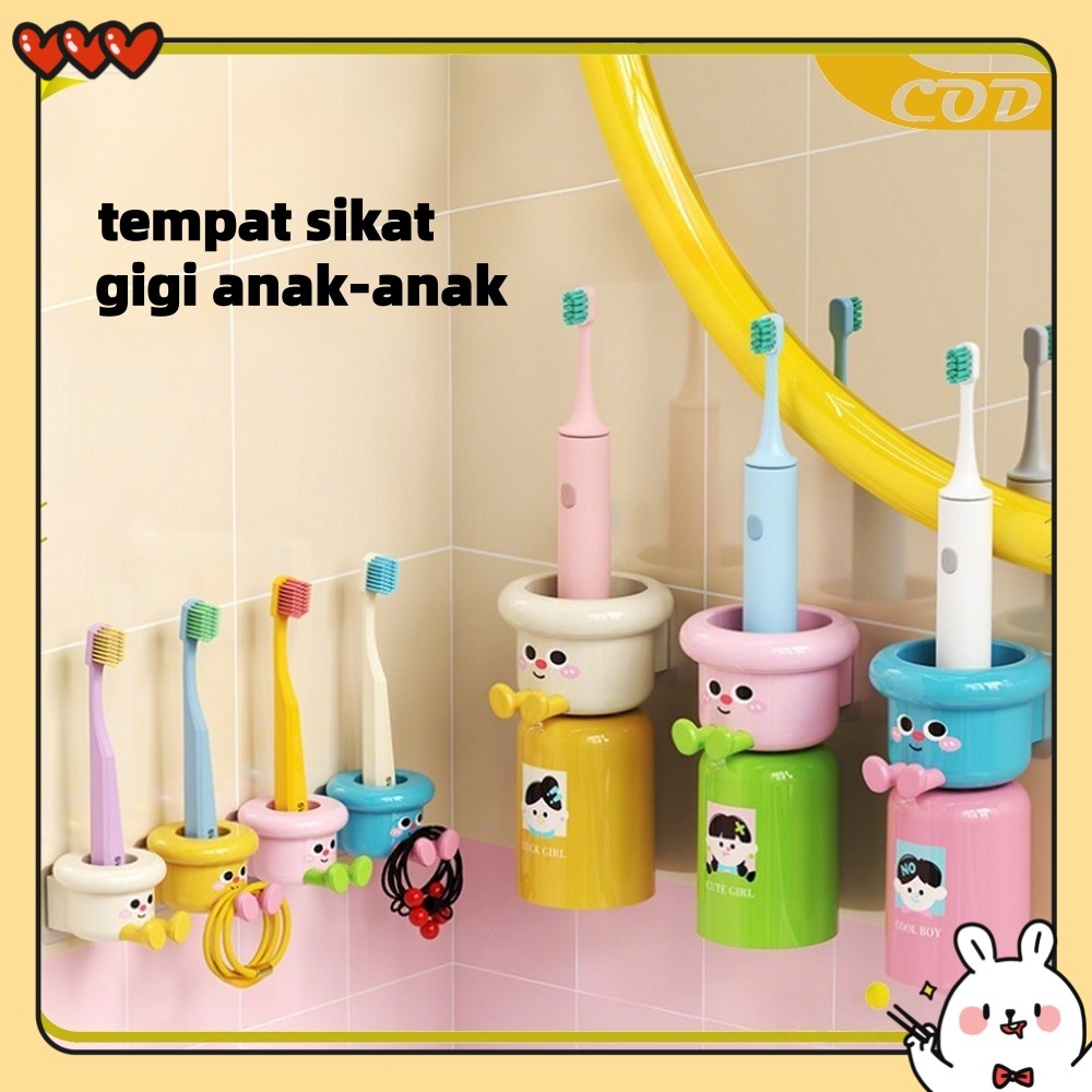 Tempat Sikat Gigi Tempel Magnet Karakter Anak Lucu / Magnetic Toothbrush Holder Set Cangkir Rak Odol