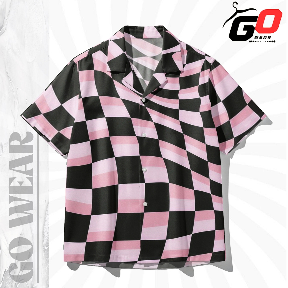 GOWEAR Kemeja Full Print Motif Catur Kotak BlackPink Checkerboard Skena Trend Kemeja Printing Unisex