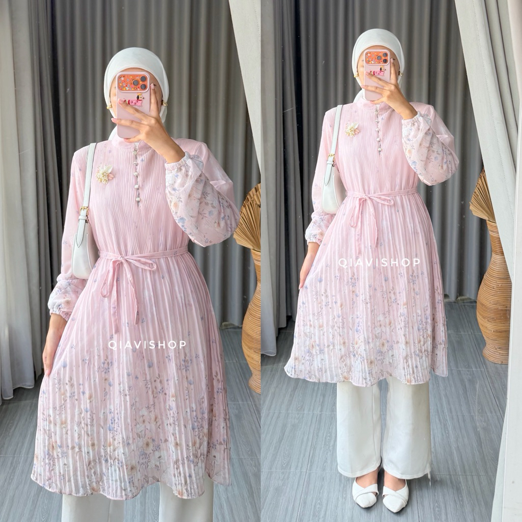 QIAVI SHOP - REVI TUNIK / TUNIC ATASAN PLISKET SIMPLE MEWAH MOTIF CANTIK WARNA PASTEL KUALITAS BUTIK