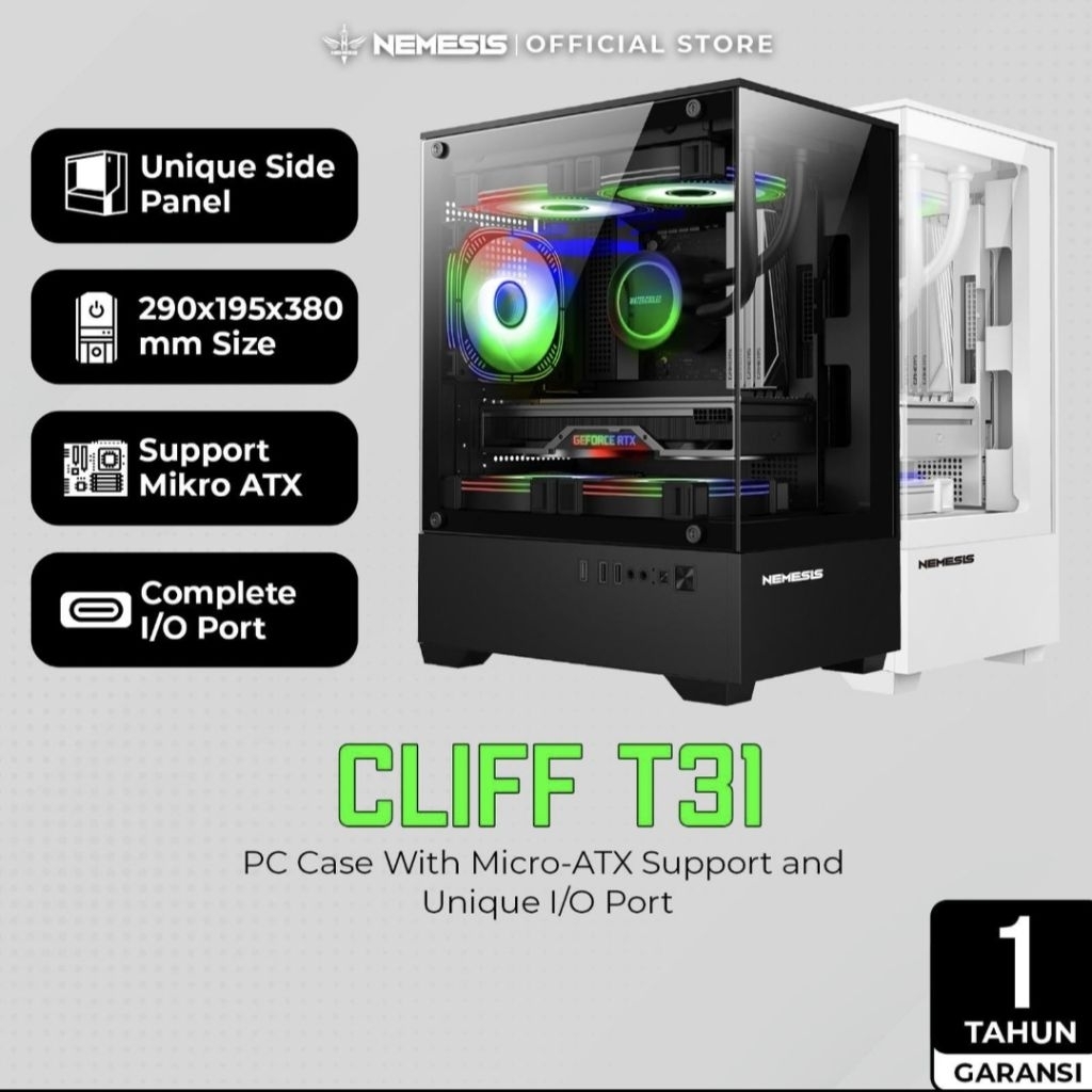 CASING PC NEMESIS CLIFF T31 CASING GAMING M-ATX HITAM - PUTIH