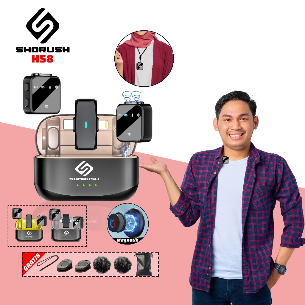 Shorush H58 Dual Wireless Microphone Clip On 2-In-1 Mic Magnetic Mikrofon Nirkabel Lavalier 2 In 1 R