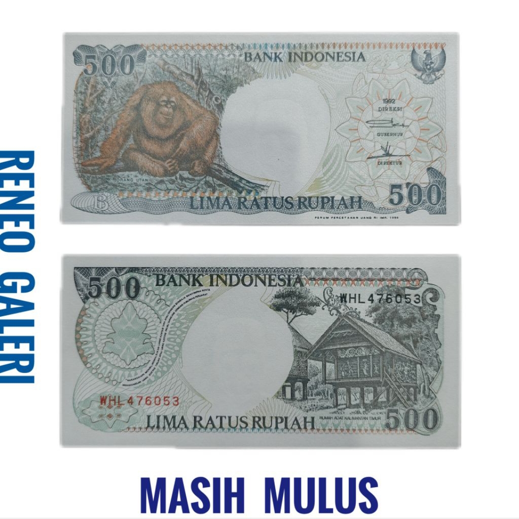 Mulus asli 500 Rupiah Rp Tahun 1992 Orang Utan Otan Monyet Duduk Uang Kertas Kuno original