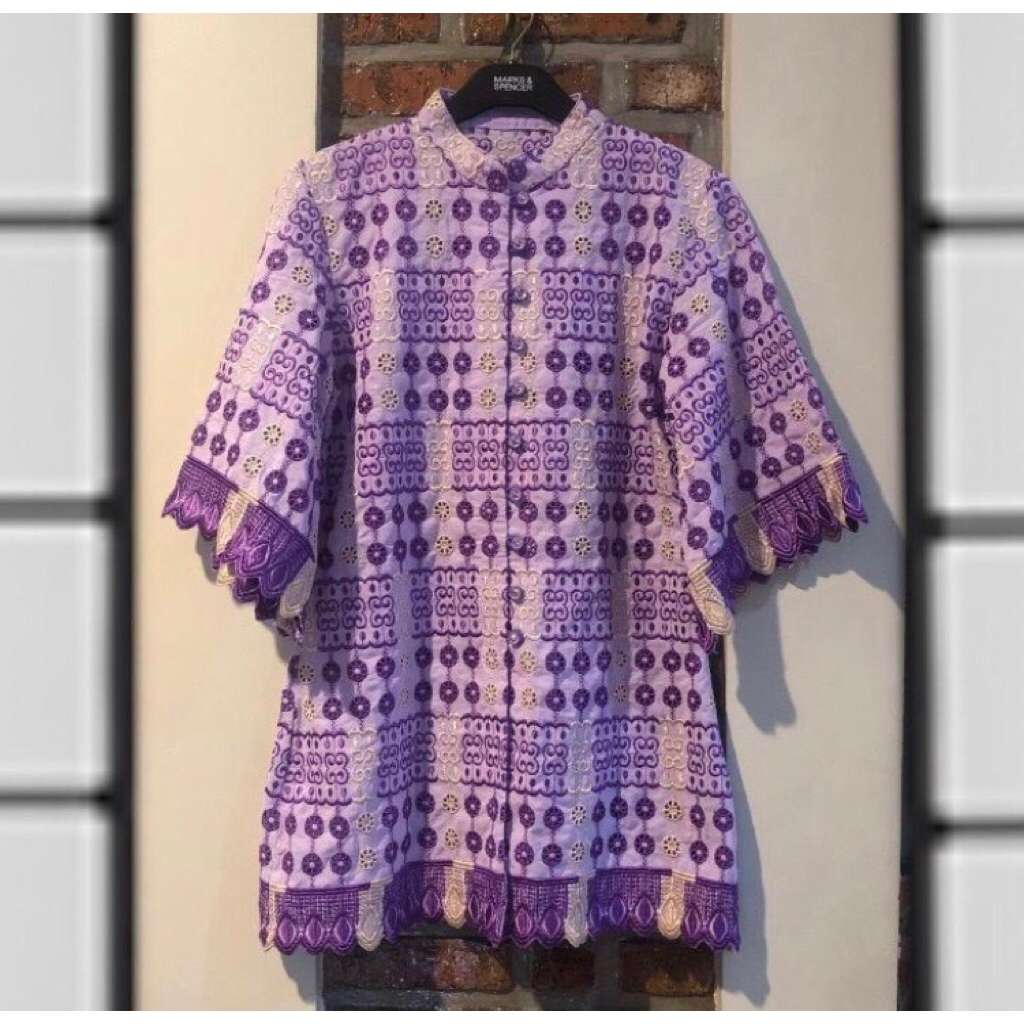 blouse atasan wanita ungu katun bordir halus preloved