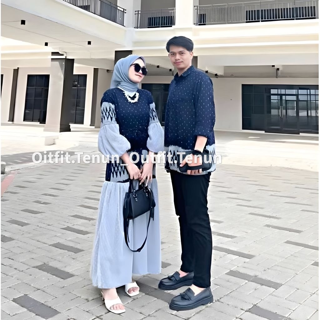 Set Couple Niken Dress Abu Navy baju tenun pasangan pria wanita kondangan prewedding guru kartinian 