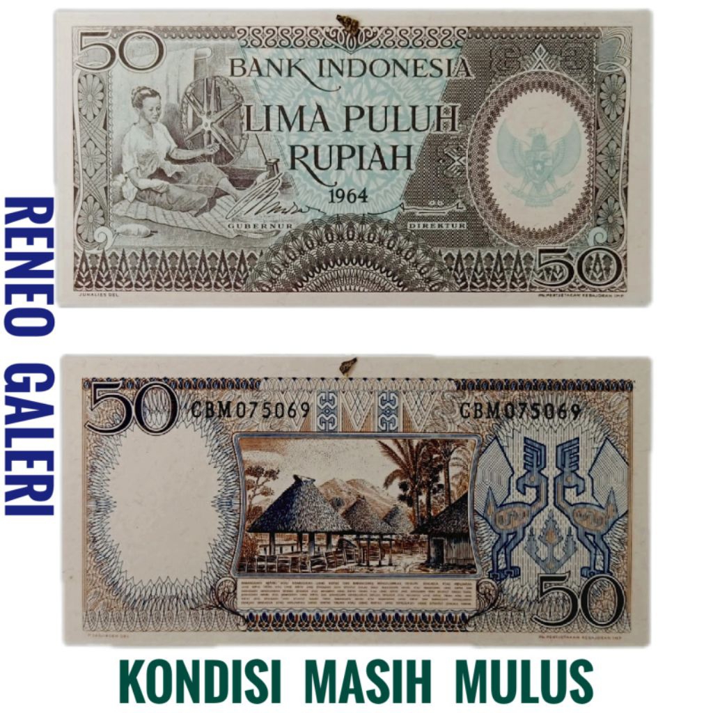 Mulus Asli Rp 50 Rupiah Tahun 1964 Seri Pekerja tangan uang kertas Kuno duit jadul lawas lama antik 