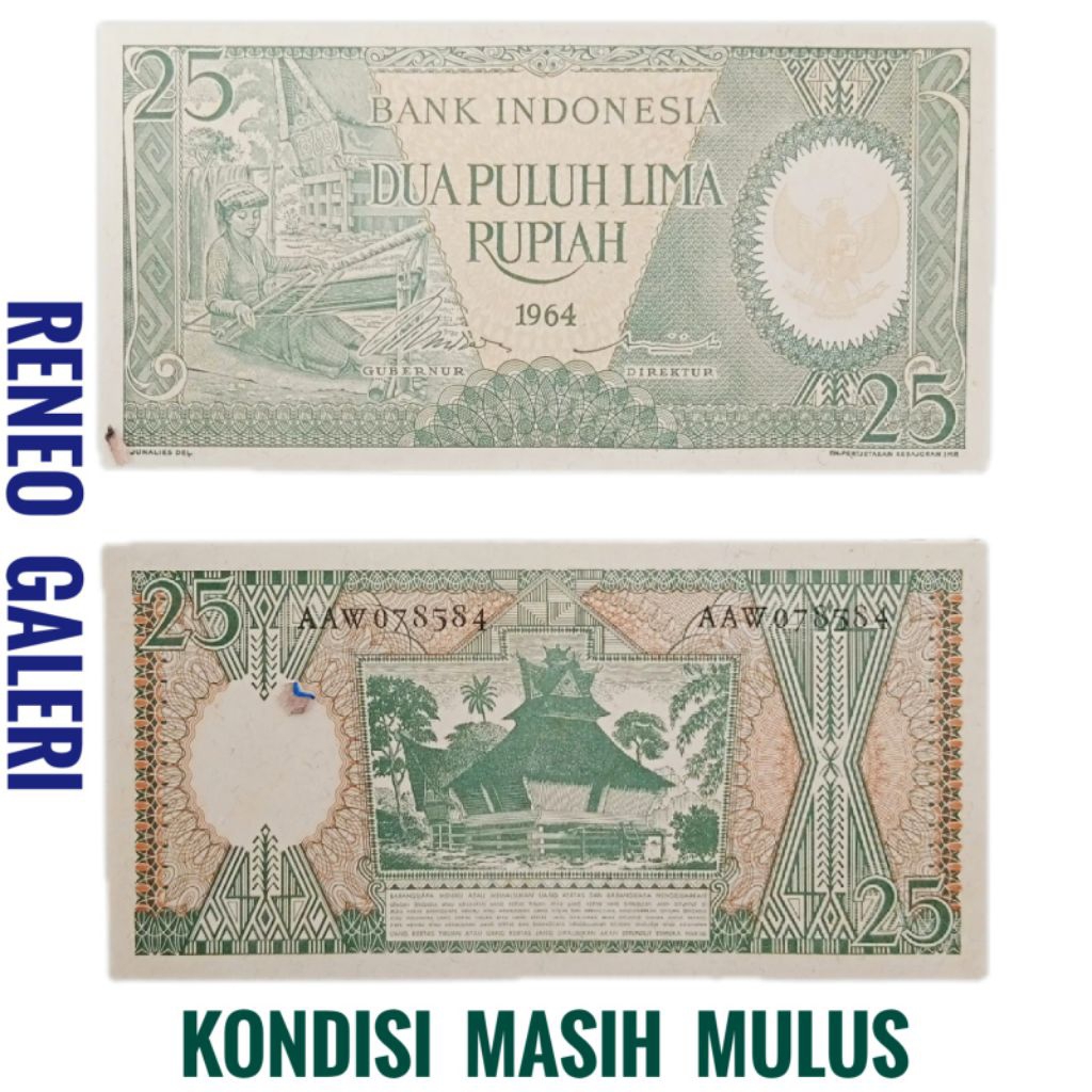 Mulus asli Rp 25 Rupiah tahun 1964 Seri pekerja tangan uang kertas Kuno duit jadul lawas lama antik 
