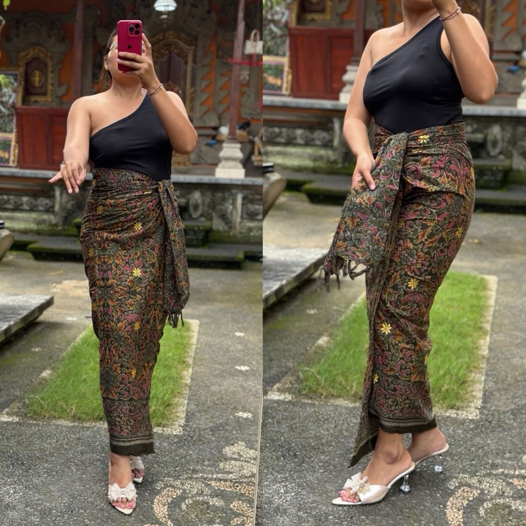 Kamen lembaran  Katun endek patra Bordir tabur Set dengan selendang