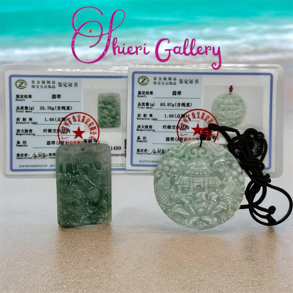 Giok / Giok Burma / Liontin Giok / Kalung Giok / Giok Ukir Ikan & Pagoda / Fish Jade Pendant / Jade 
