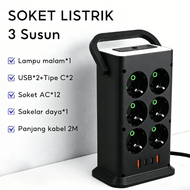 2500W Stop Kontak Vertikal 16 Port Multi Soket + USB Charger Proteksi Kelebihan Beban Kabel Ekstensi