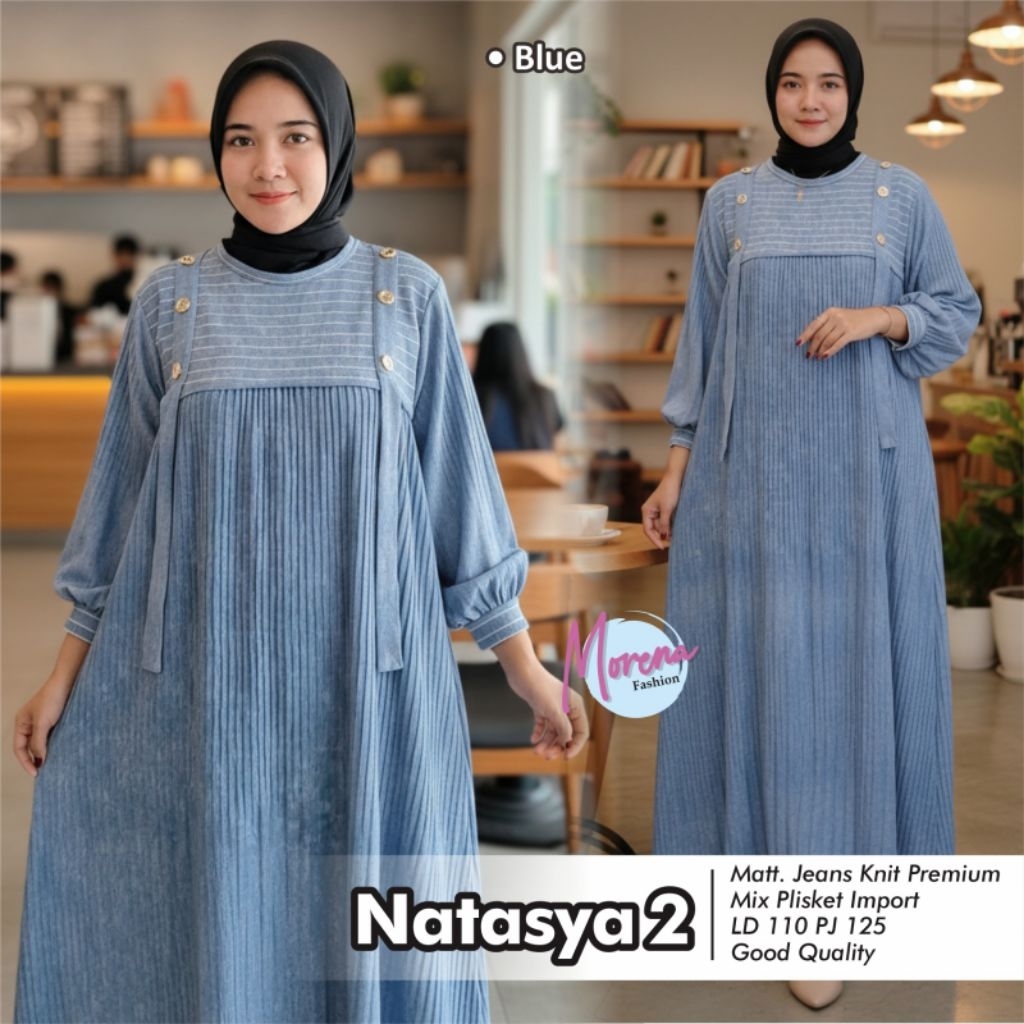 NATASYA DRESS ELEGAN KEKINIAN/GAMIS WANITA JUMBO/JEANS KNIT PREMIUM MIX PLISKET IMPORT/LD 130 CM FIT