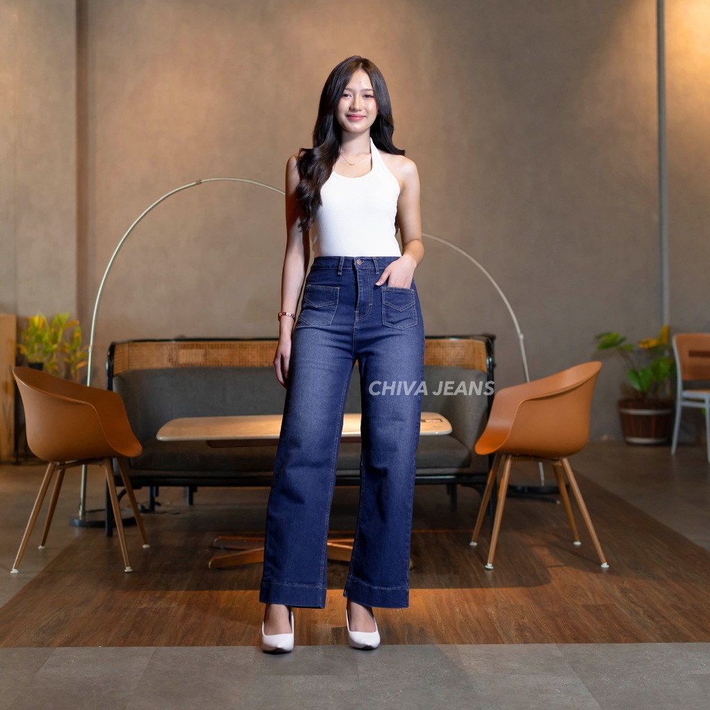 Chiva Jeans - Celana Panjang Wanita Highwaist Loose Jeans Kulot Lipat Lebar Saku Depan Straight Bagg