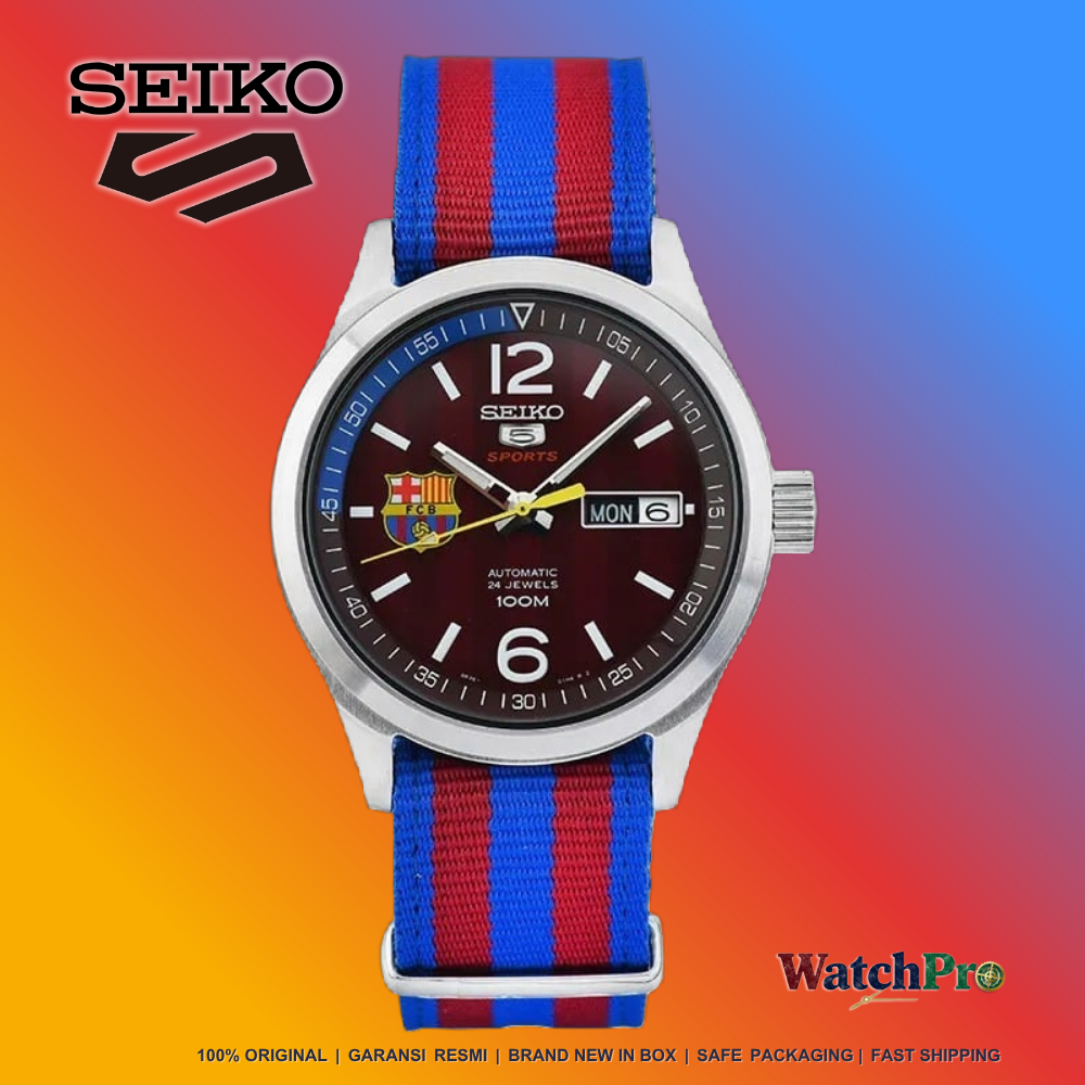 Seiko 5 Sports SRP305 SRP305K1 Barcelona Automatic Red Patterned Dial Dual Tone Nylon Strap