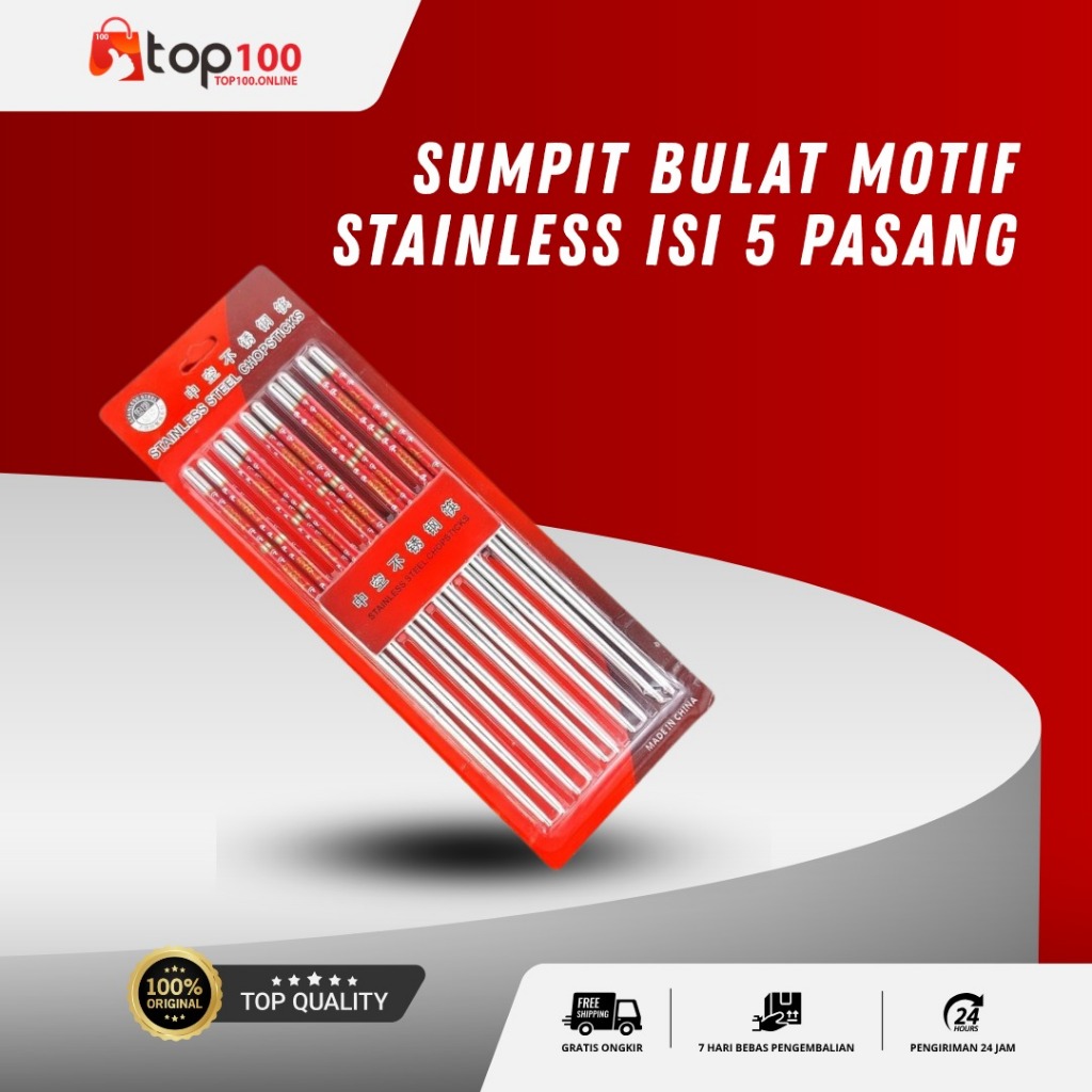 Top100 - Sumpit Makan Sumpit Bulat Motif Stainless Steel Model Korea Chopstick Isi 5 Pasang Tahan Ka