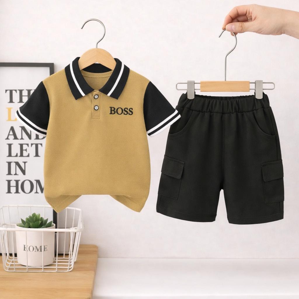 REBYSTORE SETELAN ANAKA BAJU DAN CELANA PENDEK MODEL KERAH POLO BOSS BAHAN ADEM NYAMAN ANTI LUNTUR T