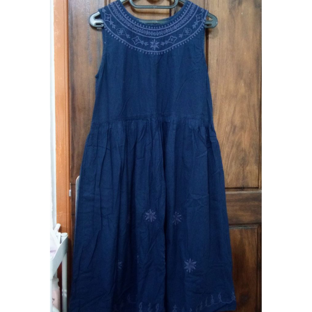 Dress Furing Etnik Bordir Vintage Gaya Eropa Navy