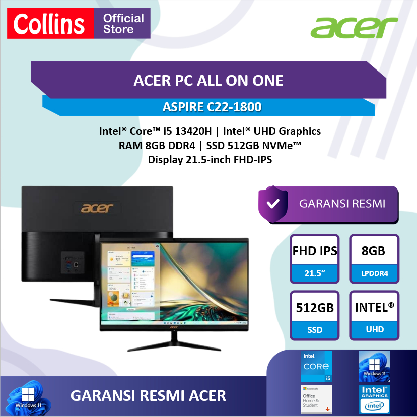 ACER PC AIO | ACER AIO ASPIRE C22-1800 i5 13420H 8GB 512GB W11+OHS