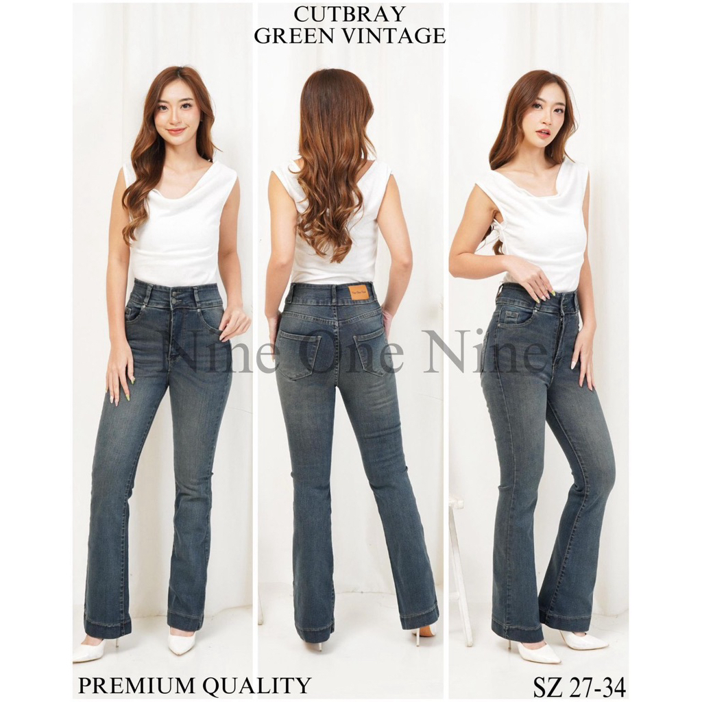 CUTBRAY JEANS HW GREEN VINTAGE KANCING 2 BAHAN SOFTJEANS STRETCH NYAMAN DIPAKAI NINE ONE NINE JEANS