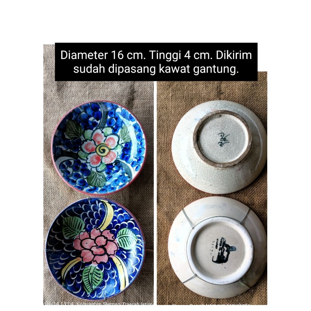 Diameter 15 cm an sampai 20 cm an 2 buah piring gantung keramik lukis biru putih dan warna warni unt