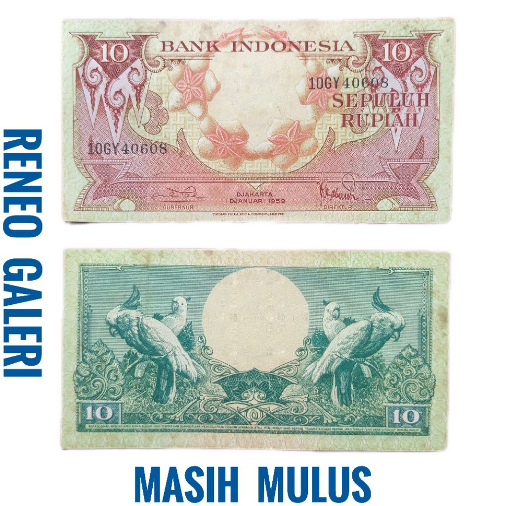 Mulus asli Rp 10 Rupiah Seri bunga burung tahun 1959 Uang kertas Kuno duit jadul lawas lama original