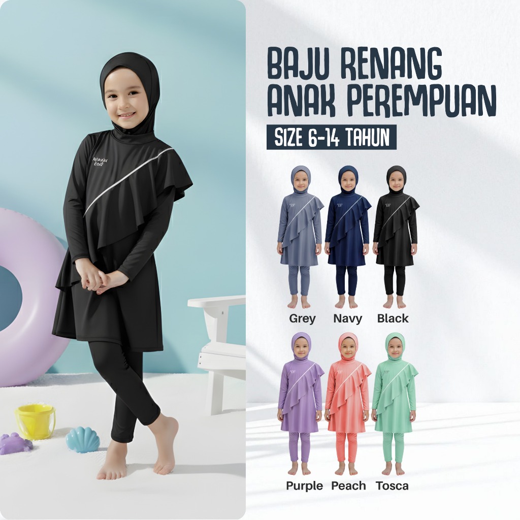 Baju Renang Muslimah Anak Perempuan & Remaja Setelan Renang Syar'i Lengkap Hijab Spandex Premium