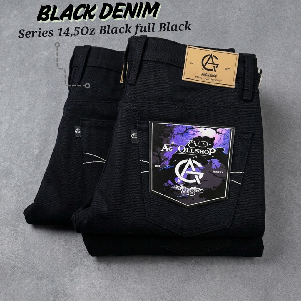 Celana Denim Selvedge 15 oz Kaku Accent Black full Black Art Ramon