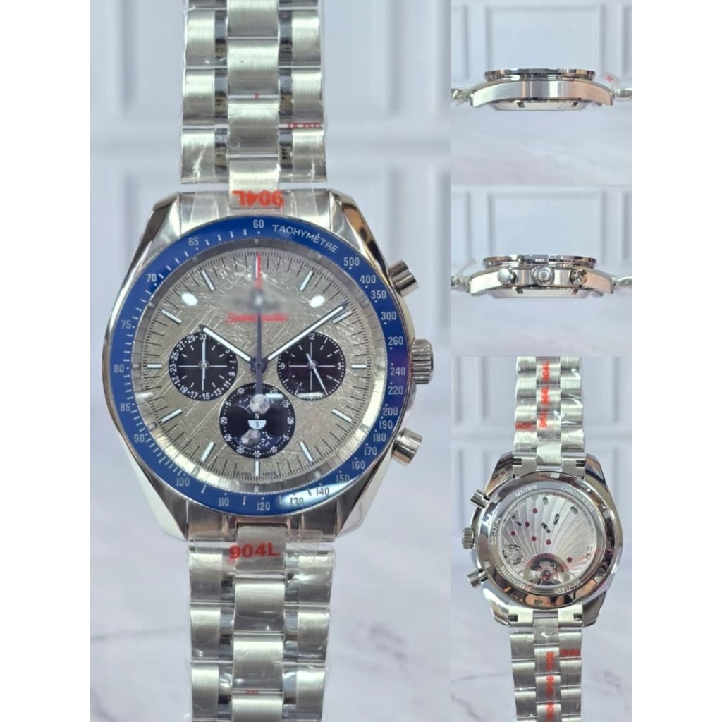 Jam Tangan Speed Master Moonphase Meteorite Dial Complete Semi Swiss Stainless Steel