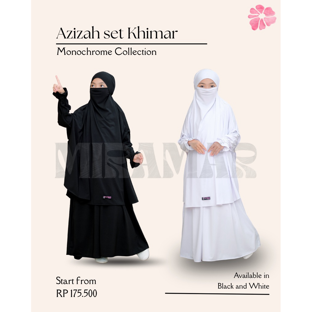 Gamis Anak Azizah set French Khimar Jersey Baju Manasik Muslimah Syari Hitam & Putih Usia 1–12 Tahun