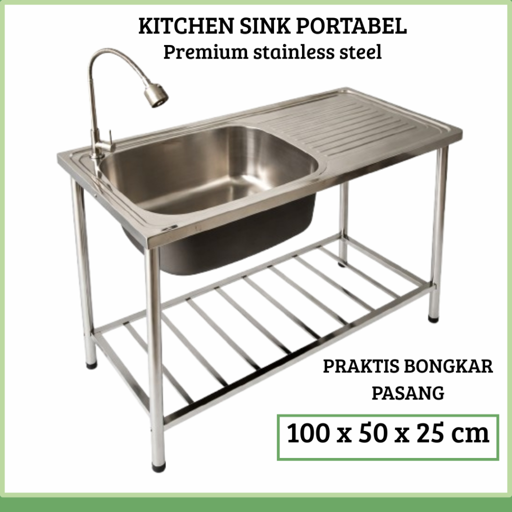 Premium Kitchen Sink Portabel 100x50cm 1 Lubang Bak Cuci Piring Stainless Steel Wastafel Cuci Piring