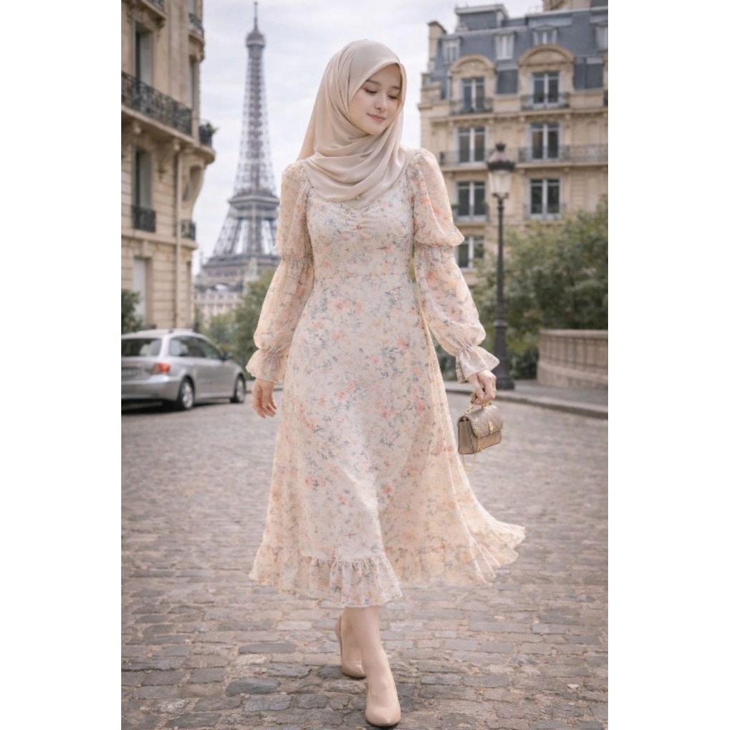 TC878 TIFFANY KOREAN STYLE FLORAL VINTAGE MIDI DRESS PANTAI HIJAB FRIENDLY