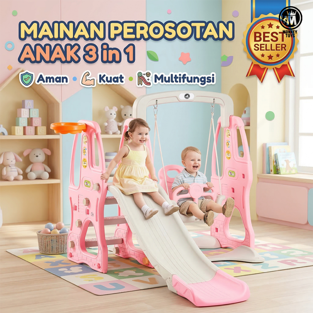 MMonkeyToys Perosotan Ayunan Anak 3IN1 Slide And Swing Perosotan Ayunan Ring Basket