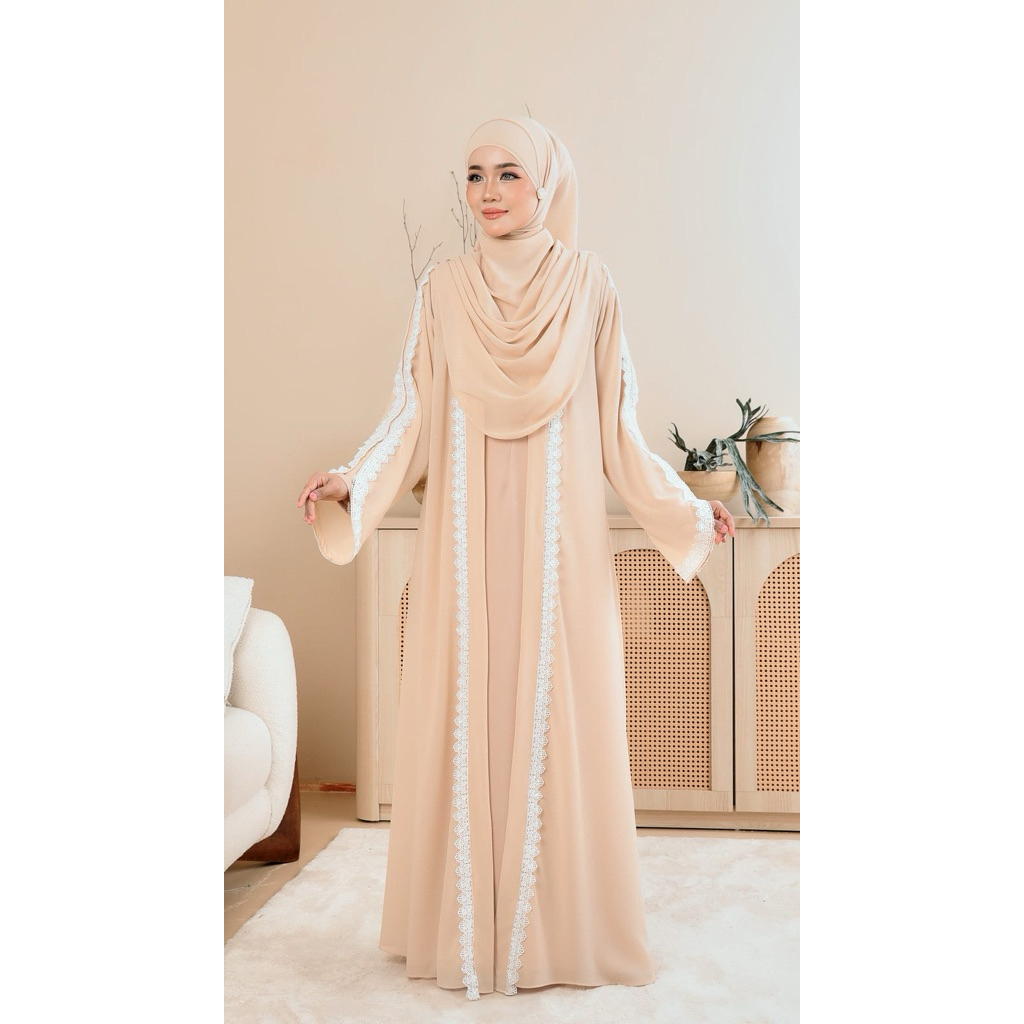 Aluna Dress Gamis Abaya Broken White Renda Mewah Premium Gamis Mocca Abaya Arab Turkey Bordir Renda 