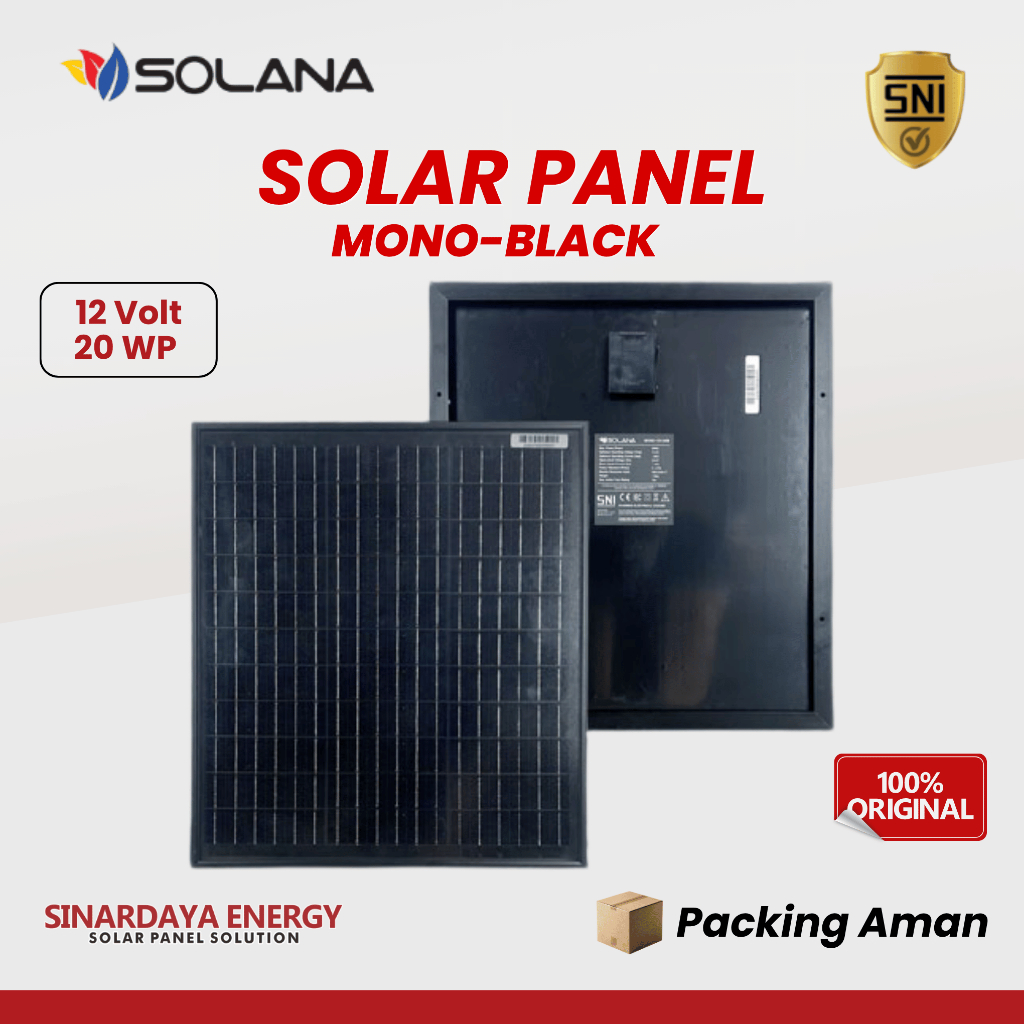 Solana Solar Panel 20WP 12V Mono-Black Panel Surya 20 WP  Black SNI