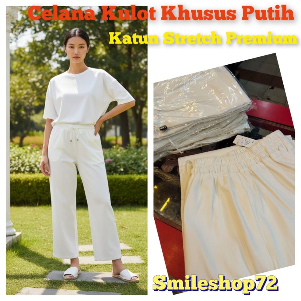 CELANA PUTIH KULOT PREMIUM WANITA/CELANA STRECTH KATUN PUTIH CEWEK