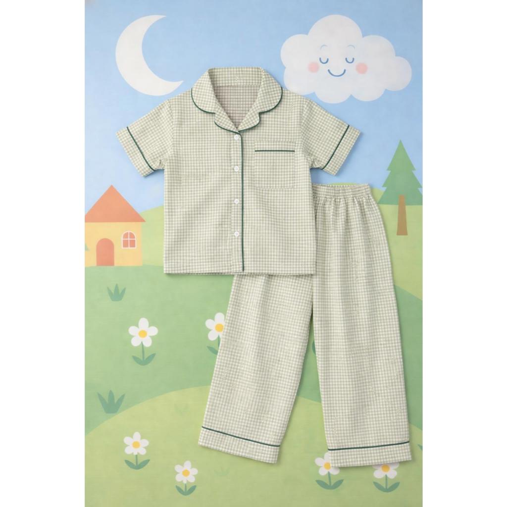 The Little Bee Piyama Anak - Olive Gingham Pajamas Set