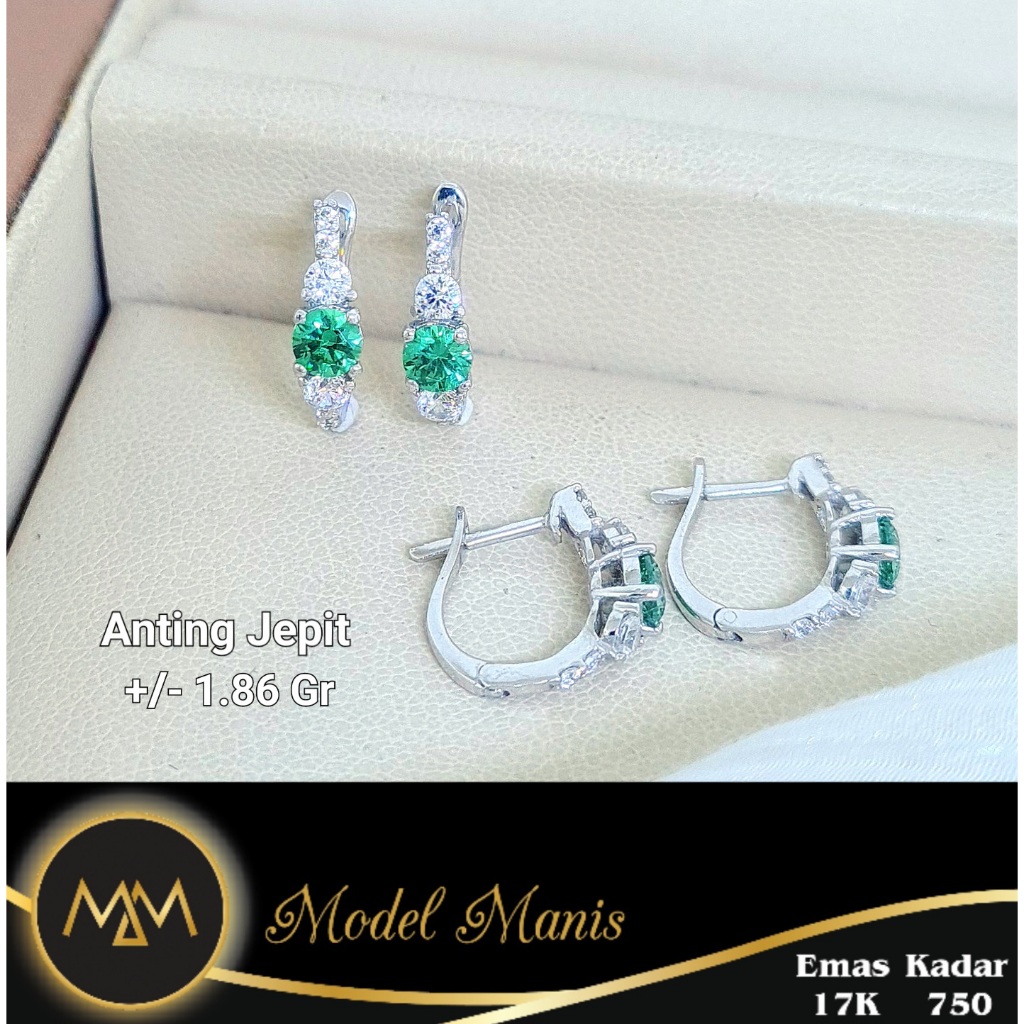 Model Manis Gold - Anting Jepit Green Stone Putih - Emas 17k  750