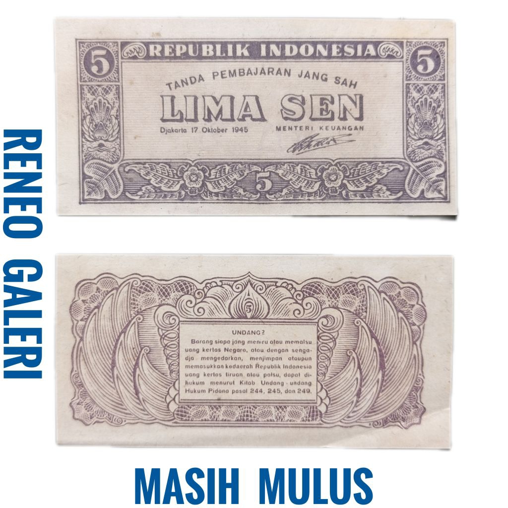 Mulus asli 5 Sen Seri ORI Tahun 1945 Uang kertas kuno duit jadul lawas lama original antik 0,05 Rupi