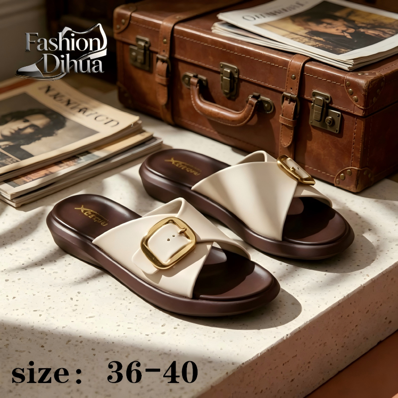 Sandal Wanita Flat Motif Gesper Gold Anti Selip Nyaman Korea Style Kekinian Vintage Cantik Elegan Da