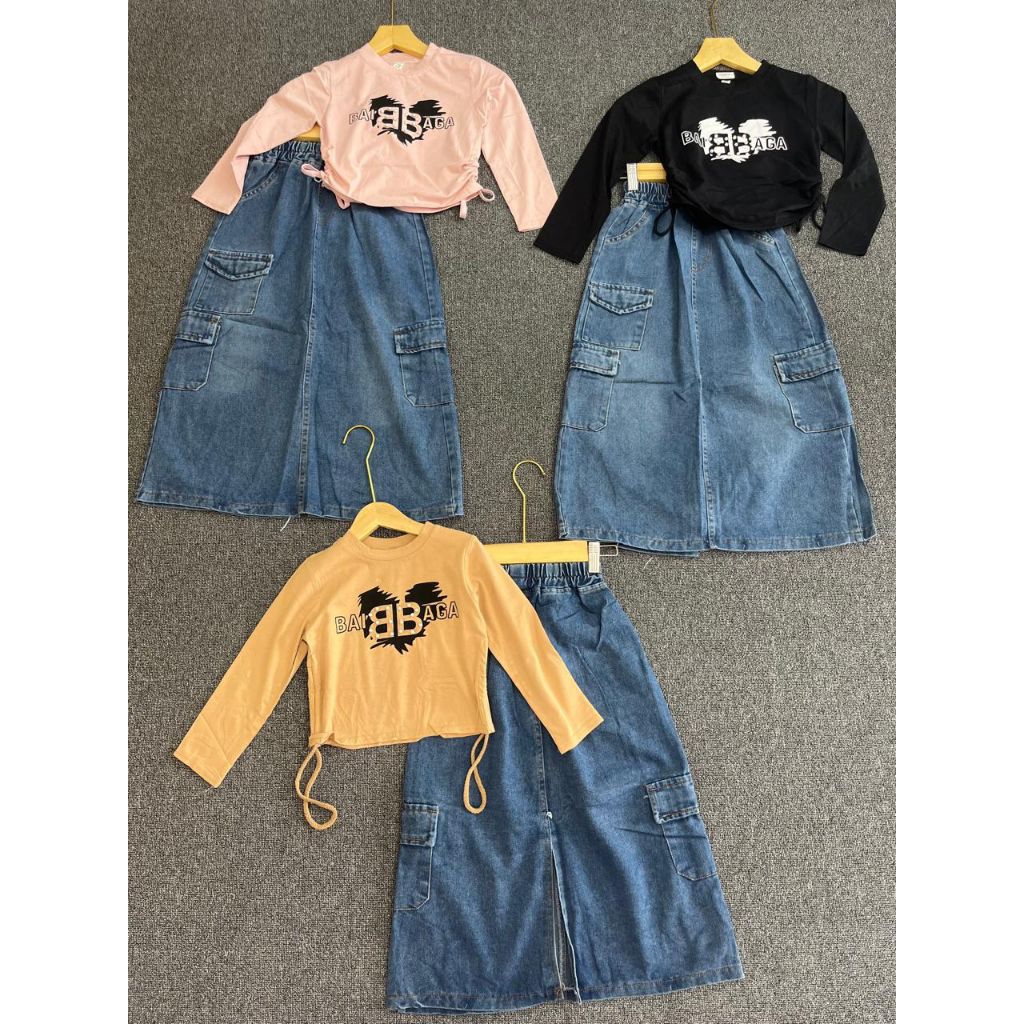 set rok cargo jeans atasan serut anak import usia 3 - 10 tahun, set rok anak perempuan import, set r