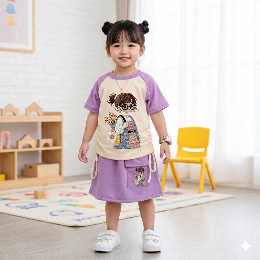 setelan rok anak kartun model 3 dimensi cewek kacamata rok kargo terbaru 2-10 thn